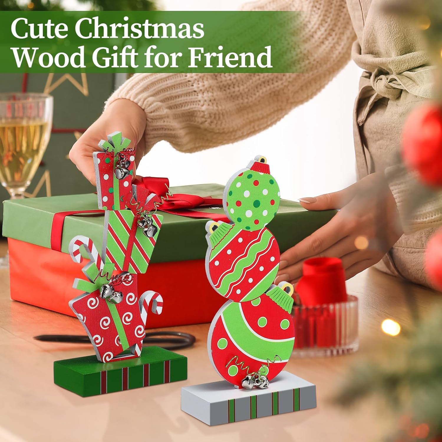 2 Pcs Christmas Table Decorations 5.9 Inch Wooden Xmas Centerpieces Red Green Gifts Box And Ball Ornaments Shape Christmas Signs Tabletop With Bells For Table Shelf Fireplace Holiday