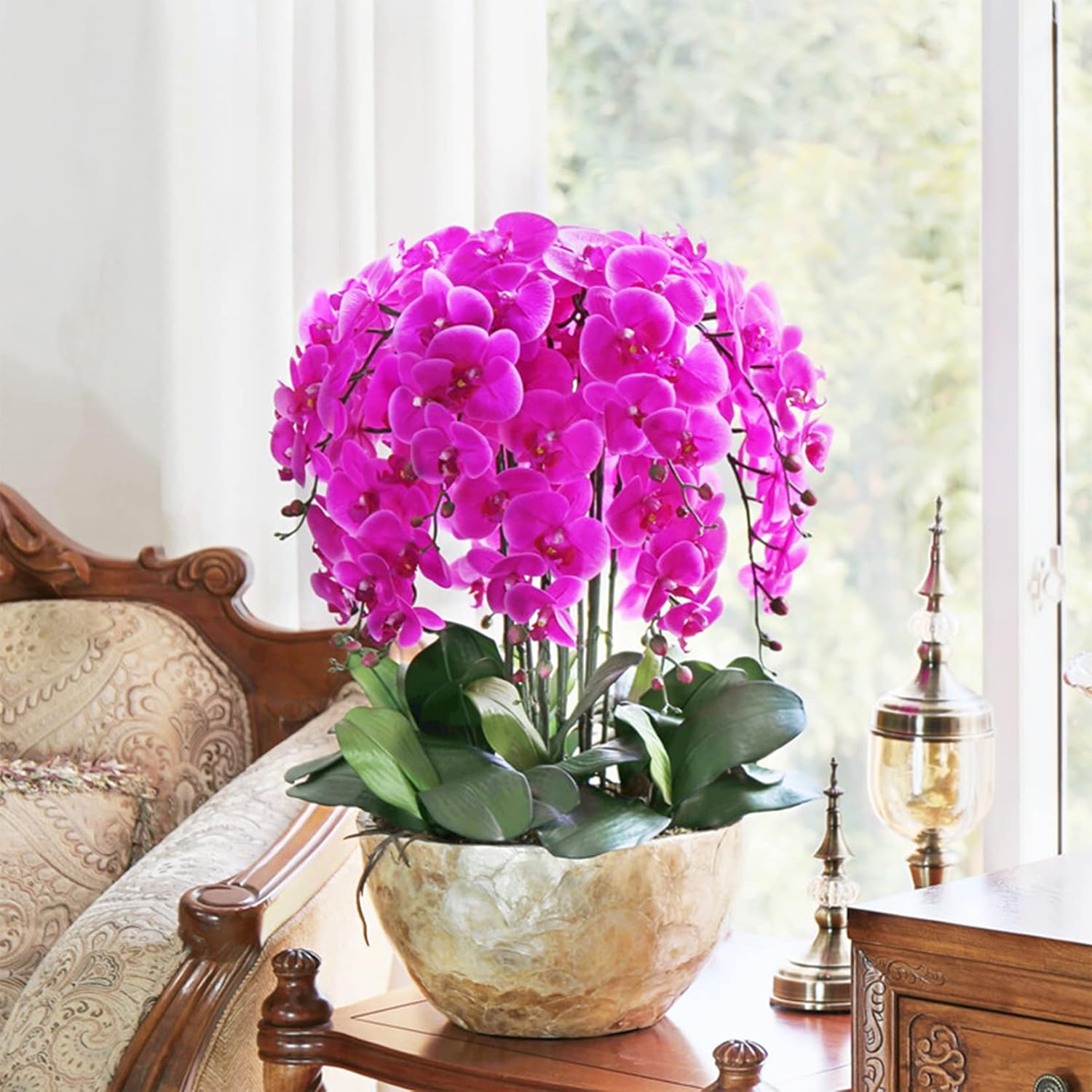 6 Pcs Artificial Phalaenopsis Flowers With 4 Bundles Leaves Artificial Orchid Flowers Stem Plants For Home Décor (Purple)