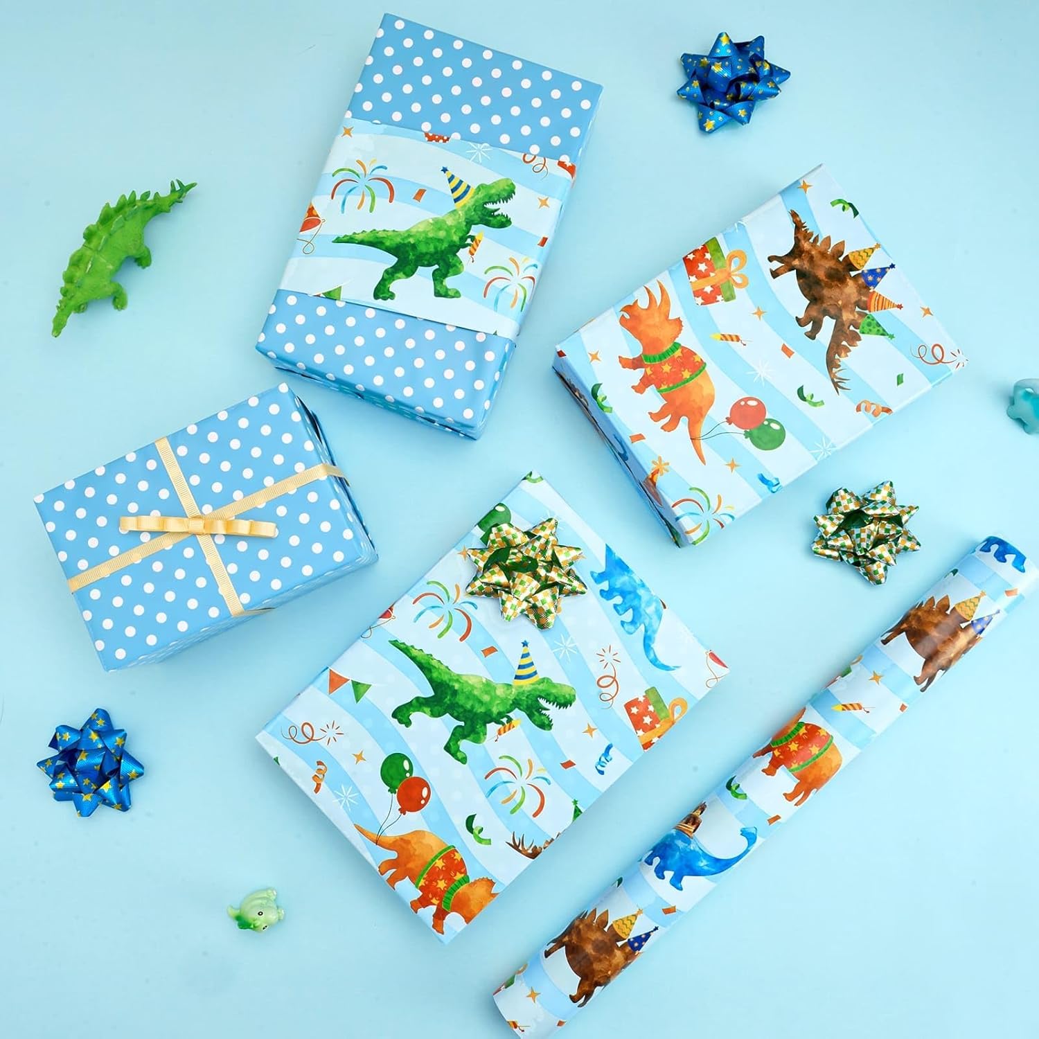 Dinosaur Reversible Wrapping Paper Roll - 1 Roll 17' X 33 Ft Happy Birthday Wrapping Paper Kids Dinosaur Gift Wrap Roll Boys Party Favor Polka Dot Design