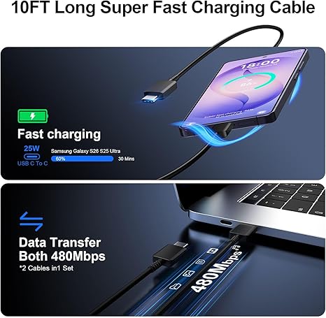 2 Pack 25W USB C Super Fast Charger with 10FT Type C Cable for Samsung Galaxy S26 S25 S24 S23 S22