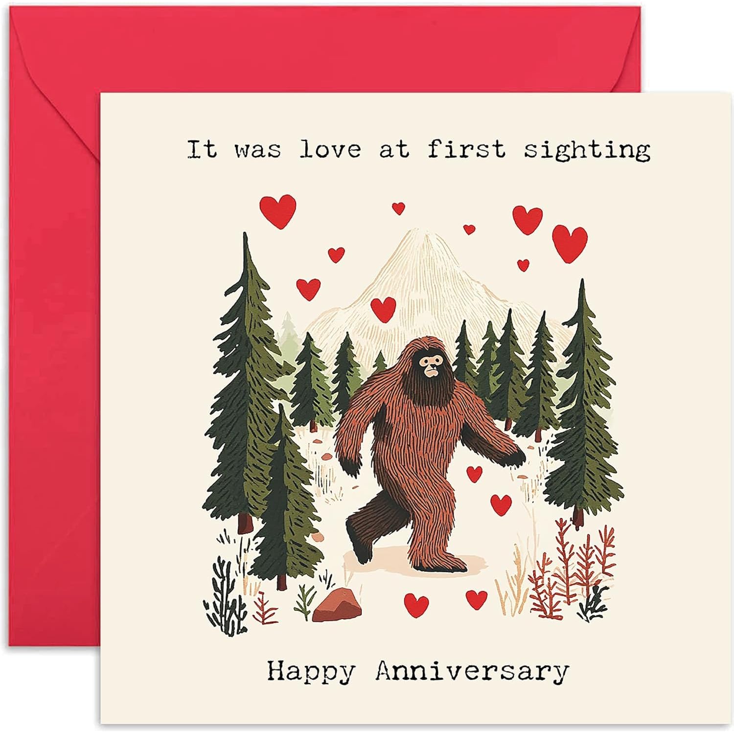 Happy Anniversary Card For Husband And Wife - Funny Big Foot Sasquatch Design 'Love At First Sighting' - Hilarious Romantic Design For Boyfriend Girlfriend Spouse Partner