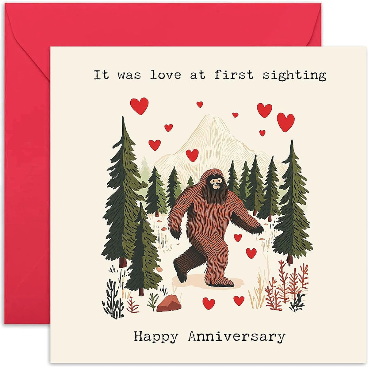 Happy Anniversary Card For Husband And Wife - Funny Big Foot Sasquatch Design 'Love At First Sighting' - Hilarious Romantic Design For Boyfriend Girlfriend Spouse Partner