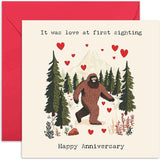 Happy Anniversary Card For Husband And Wife - Funny Big Foot Sasquatch Design 'Love At First Sighting' - Hilarious Romantic Design For Boyfriend Girlfriend Spouse Partner