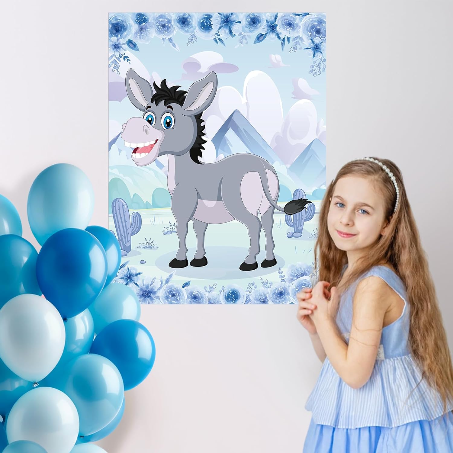 Pin The Tail On The Donkey Party Game Floral Farm Party Decorations With 48 Pcs Tails Large Donkey Games Poster For School Activities Birthday Party Carnival Party Supplies(Blue)