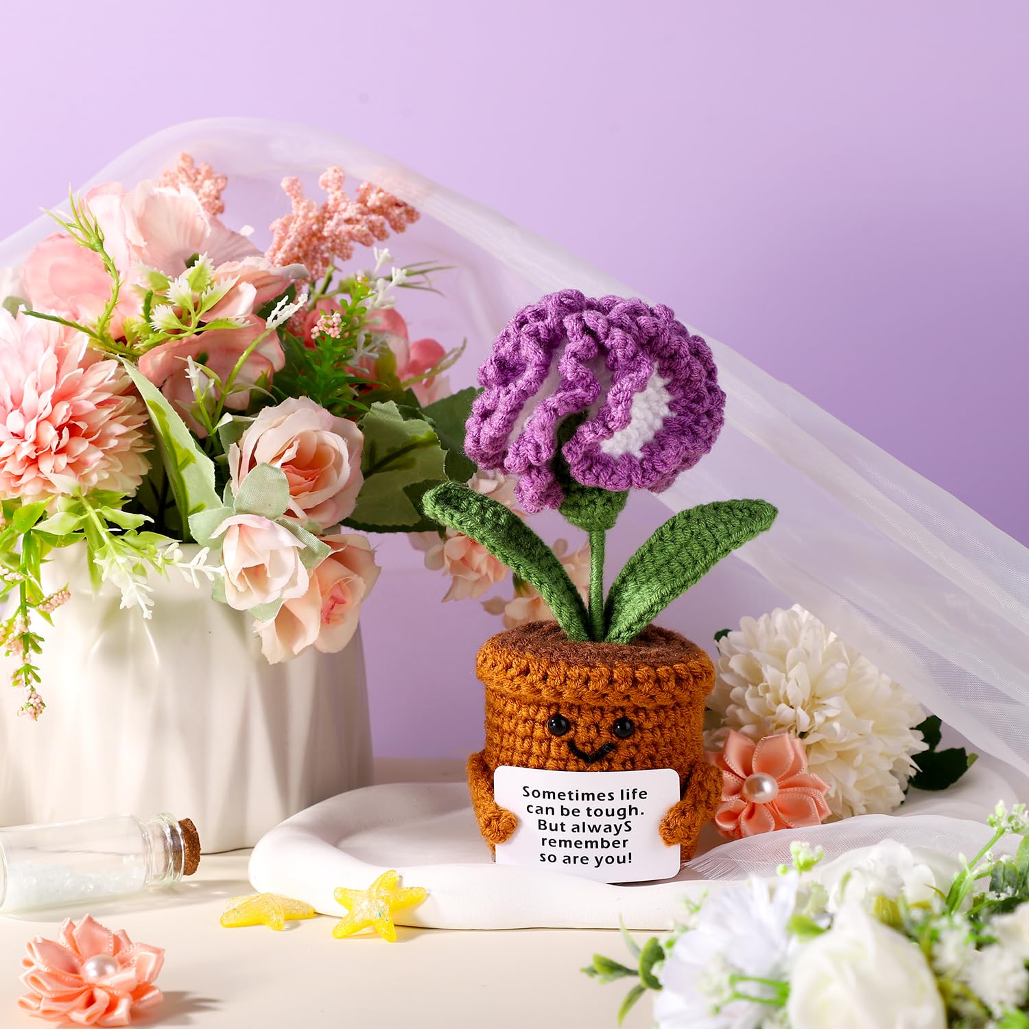 Positive Carnation, Crochet Carnation Flower Positive Flower Plant Crocheted Potted Flower Knitted Carnation Flower For Home Decoration Inspirational Gift(Purple)