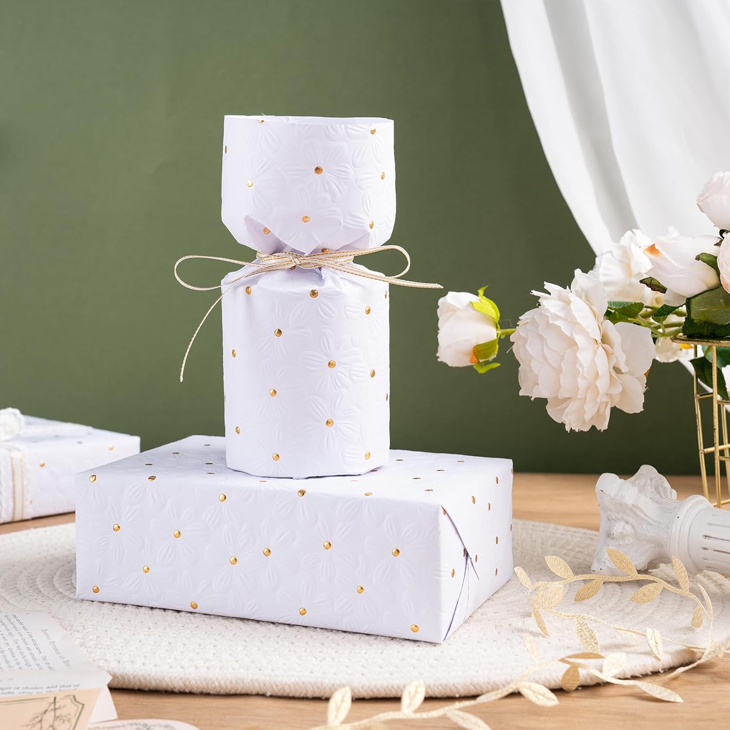 White Wrapping Paper Roll, Mini Roll, Flower With Gold Dot Design Perfect For Wedding, Birthday, Anniversary, Bridal Shower, 17 Inches X 16.4 Feet