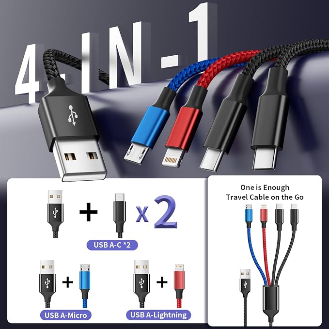 2 Pack 4 in 1 Dual USB C Multi Charging Cable 5FT Universal Charger Cord for iPhone 17 Android iPad