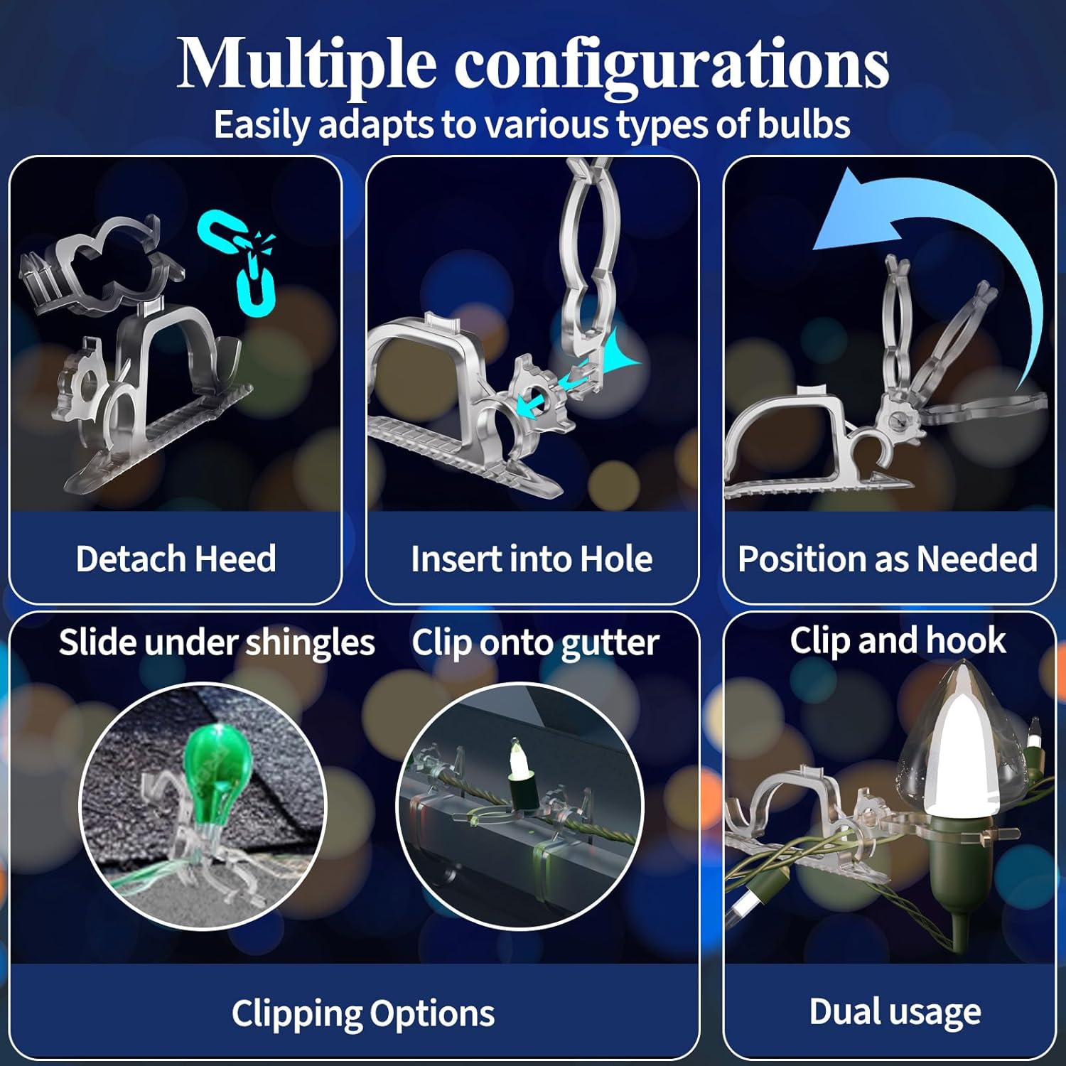 Holiday Light Clips [Set Of 200] Christmas Light Clips, Outdoor Light Clips - Mount To Shingles & Gutters - Works With Mini, C6, C7, C9, Rope, Icicle Lights - No Tools Required