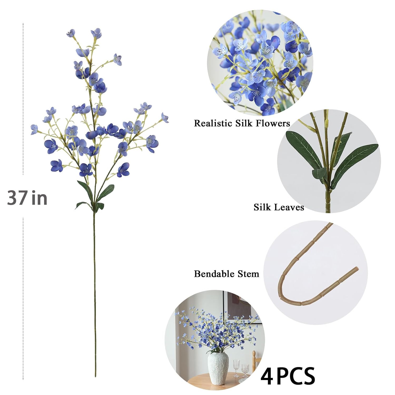 4Pcs Blue Pear Blossom Artificial Flower 37" Fake Silk Flowers With Stem Faux Flowers Bouquet For Vase Table Centerpieces Arrangements Home Decor Wedding Decorations (Blue)