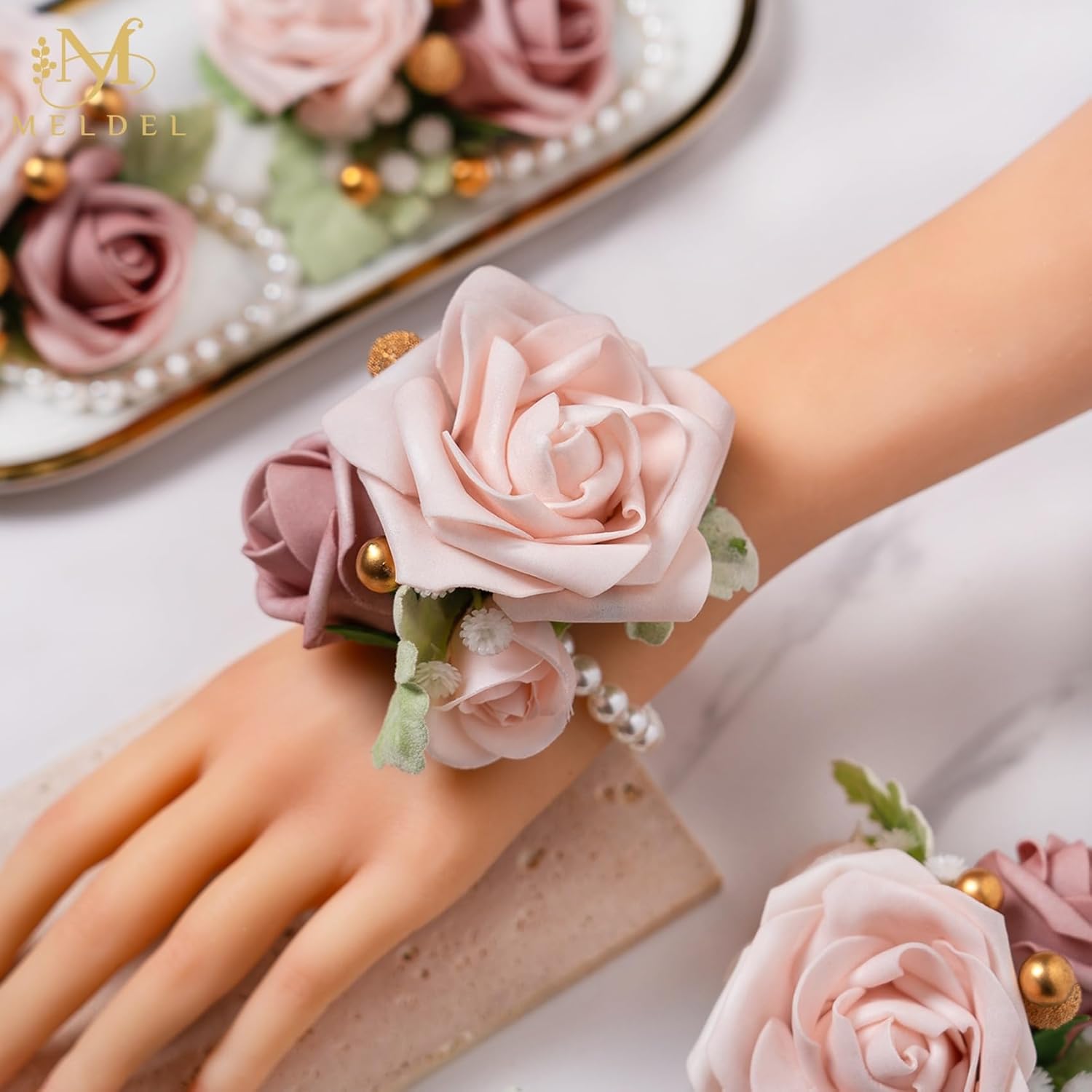 Dusty Pink Wrist Corsage,Set Of 6, Homecoming Wrist Flower Girl/Mother Corsages Wristlet Perfect For Bride Bridesmaids Wedding Guests Hand Flower, Proms, Party, Ceremony Anniversary