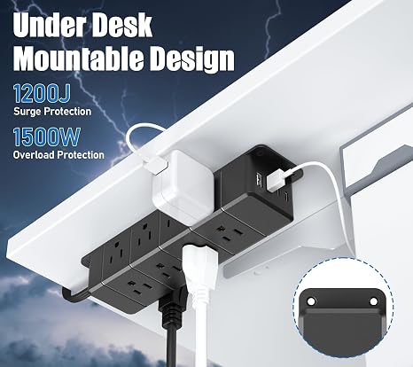 Under Desk Surge Protector Power Strip 12 Outlets 4 USB Ports USB C 6FT Wall Mount 1200J Black