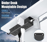 Under Desk Surge Protector Power Strip 12 Outlets 4 USB Ports USB C 6FT Wall Mount 1200J Black