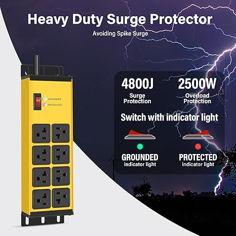 Heavy Duty Magnetic Power Strip 8 Outlets 6FT 12AWG Extension Cord Wall Mount Yellow