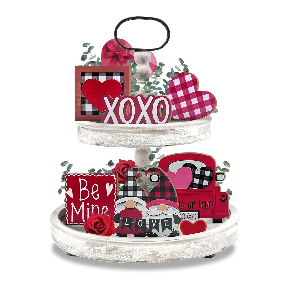 Valentine’S Day Tiered Tray Decor, Farmhouse Tray Decorations Indoor, Buffalo Plaid Gnome Couple Love Heart Truck Wooden Signs, Rustic Valentine Decor For Home Table Wedding Party