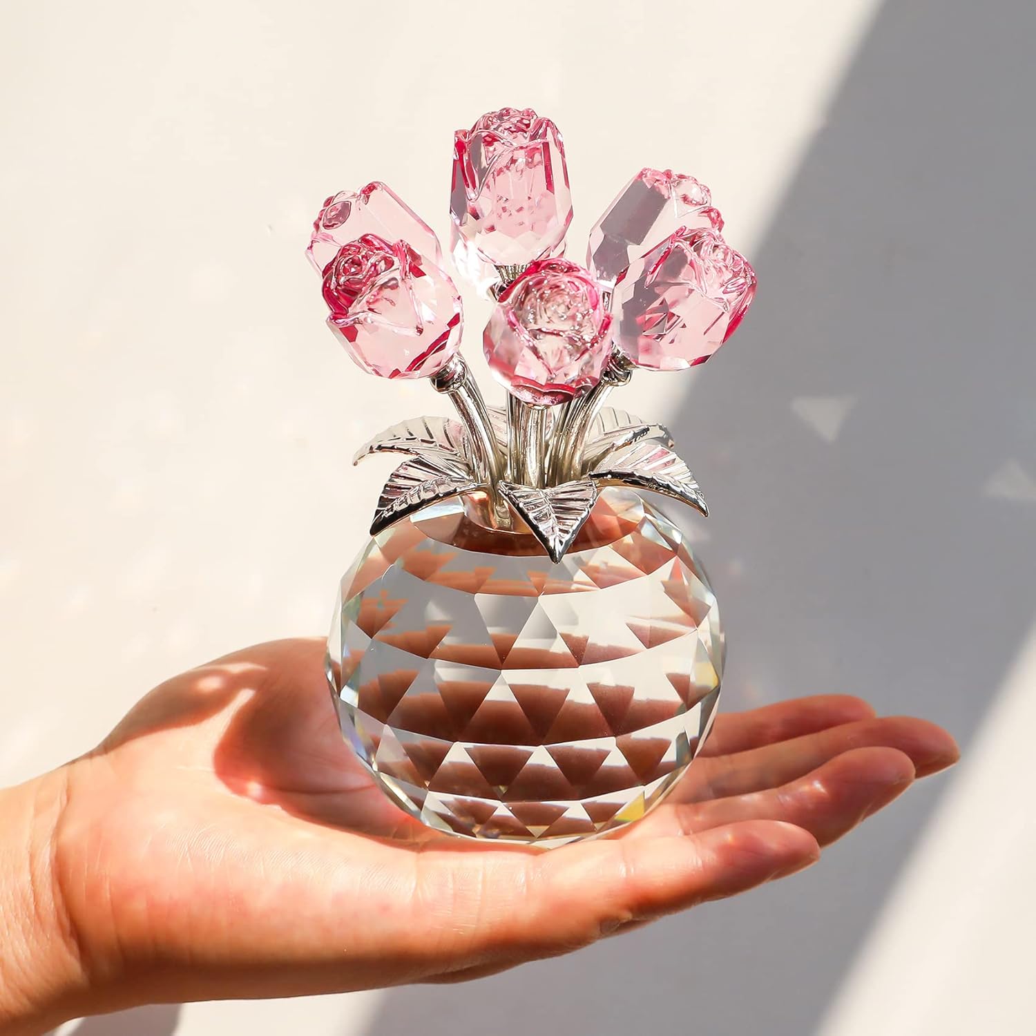 Handmade Crystal Pink Rose Flower Figurine With Round Vase, Rose Gifts For Girlfriend Wife Sister, Romantic Gifts For Mom On Mother'S Day Birthday Anniversary, Wedding Home Decorations