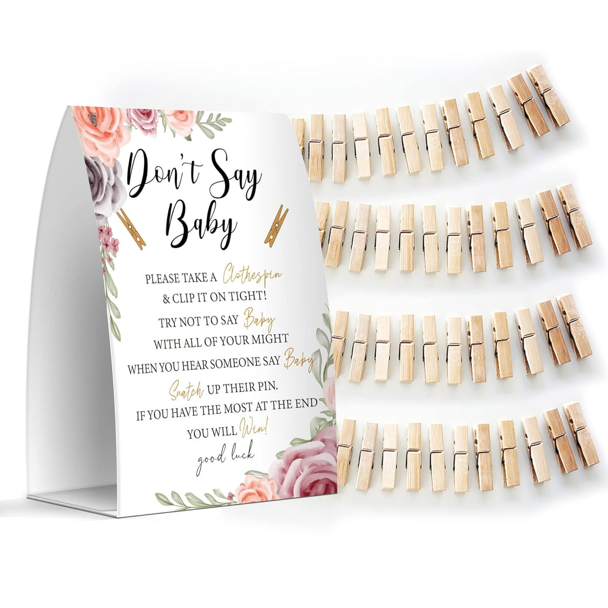 Don'T Say Baby Set - One 5X7 Sign And 50 Mini Clothespins, Baby Shower Games, Baby Shower Decoration, Gender Neutral Baby Shower - Msjb015