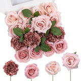 Artificial Flowers Combo Mix Silk Flowers Pink Roses W/Stem For Diy Wedding Bridal Bouquets Baby Shower Floral Arrangement Table Centerpieces Home Decorations (Rougepink)