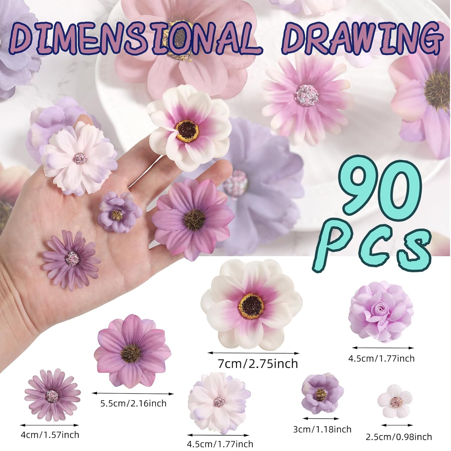 90 Pcs Mini Artificial Silk Flower Heads - Purple Peony, Daisy, Rose Floral Appliques For Spring Summer Crafts | Diy Wreath Accessories For Wedding/Home Decor/Party/Graduation Cap