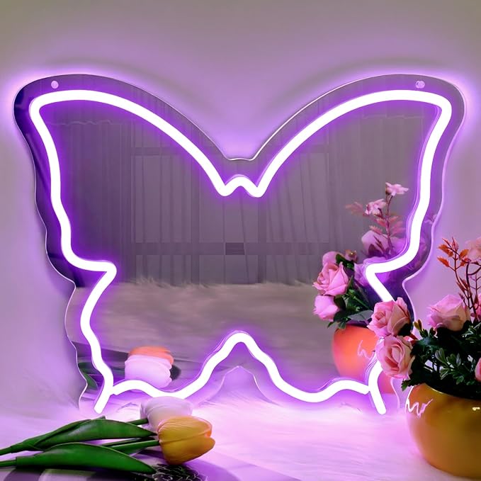 Butterfly Neon Sign Mirror Purple LED Wall Light USB Dimmable Bedroom Decor for Girls Kids