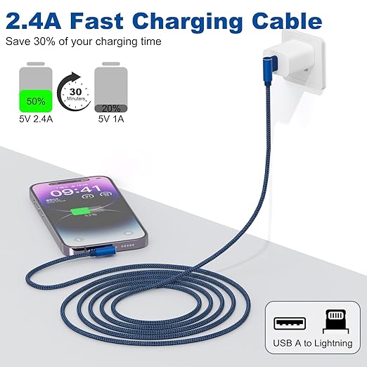 3 Pack 10FT MFi Certified 90 Degree Lightning Fast Charging Cable for iPhone and iPad