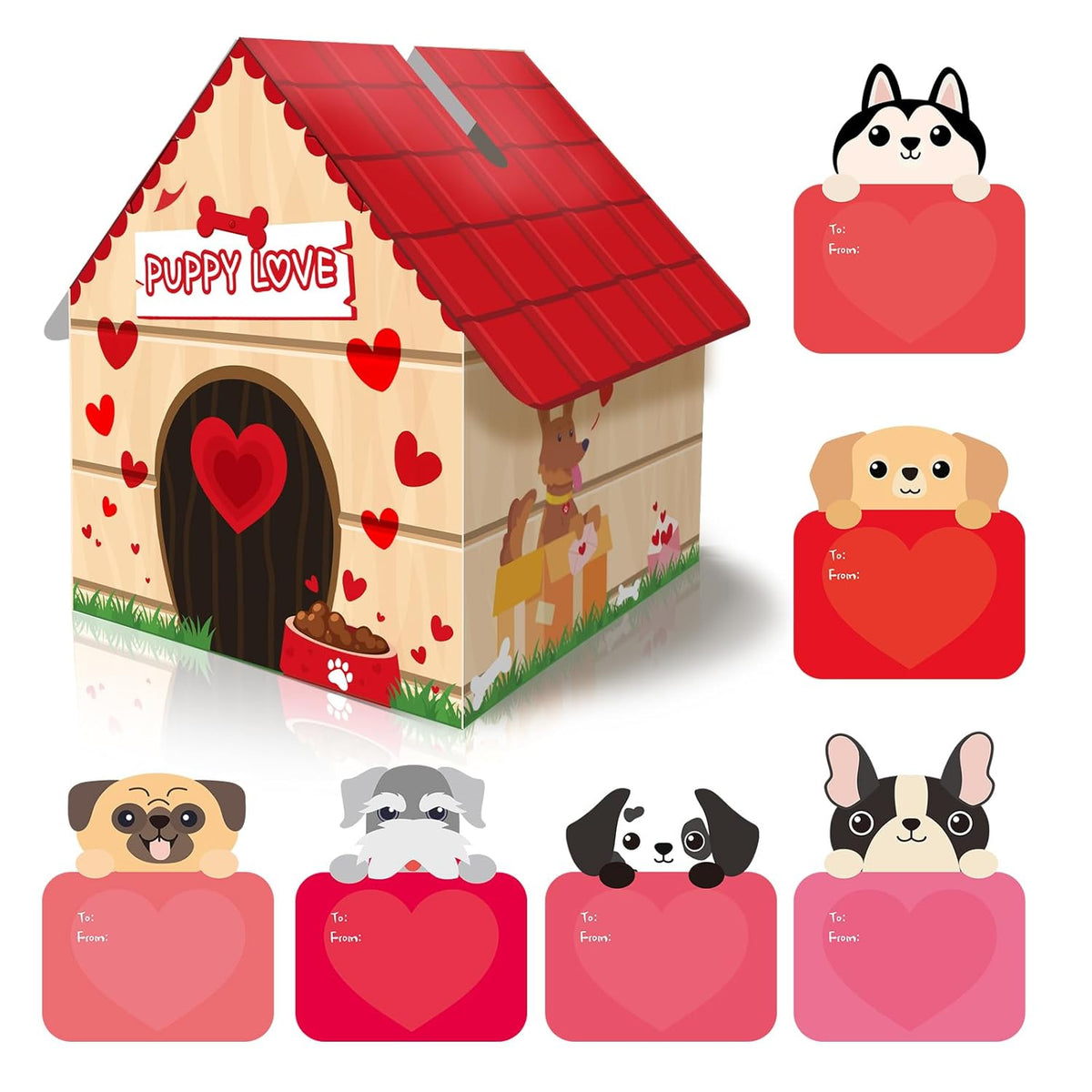 Puppy Love Valentines Mailbox Kit Dog House Card Box With 30 Pcs Greeting Cards For Exchange Students Party Favor