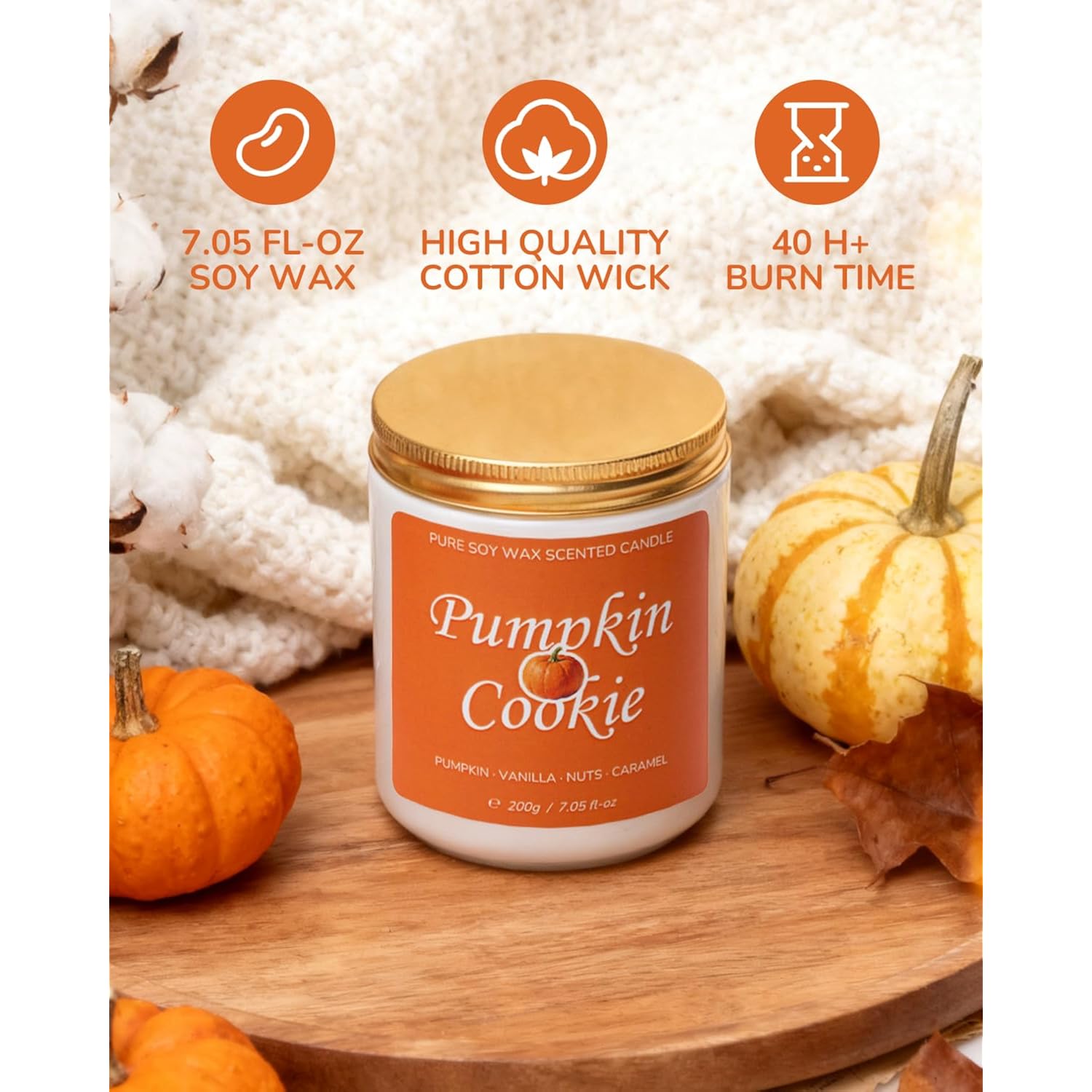 Fall Scented Candle For Home, Pumpkin Cookie 7.05 Oz 40 Hour Burn Time, Long Lasting Soy Jar Candle, Gifts For Christmas, Halloween, Mother'S Day, Inspirational Gifts For Women, Aromatherapy