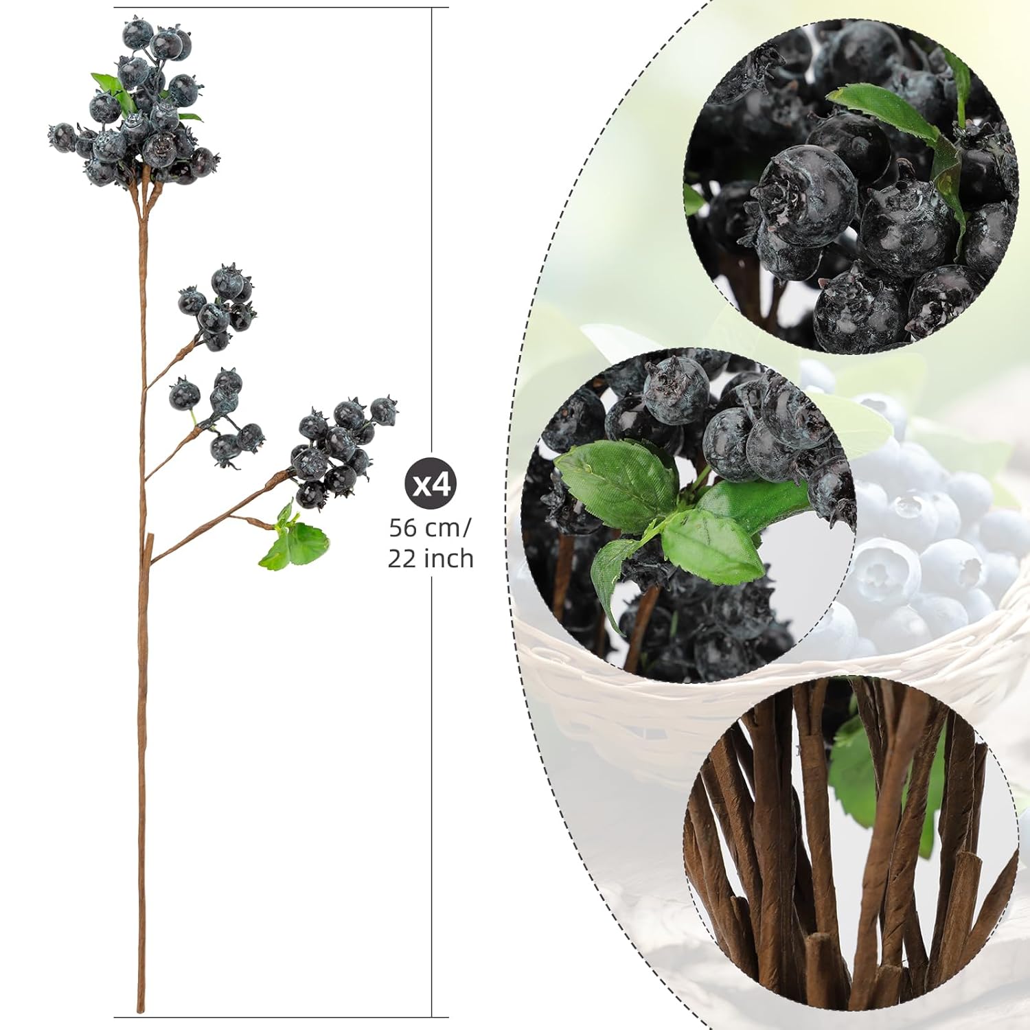 4 Pcs 22Inch Artificial Blueberries Stem With Green Leaves, Artificial Stems Blueberry Picks Fruit Fake Silk Flowers For Centerpieces Farmhouse Holiday Party Wedding Decor (Blue)
