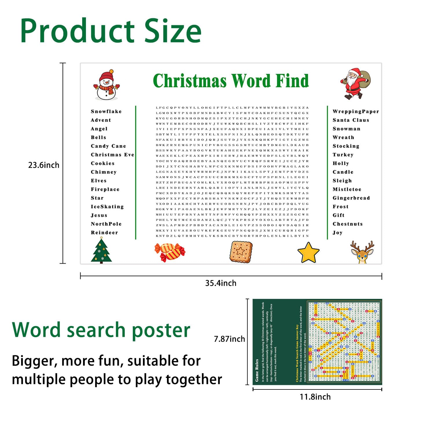 Giant Christmas Word Search Poster - 35.4"X23.6" Wall Game With 30 Words For Family & Office Parties