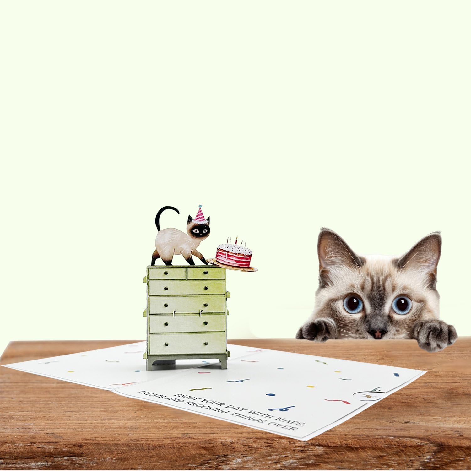 Birthday Card, Funny Cat Birthday Card, Gifts For Cat Lovers, Cat Pop Up Card With Envelope And Removable Note Card, Cute Siamese Cat.