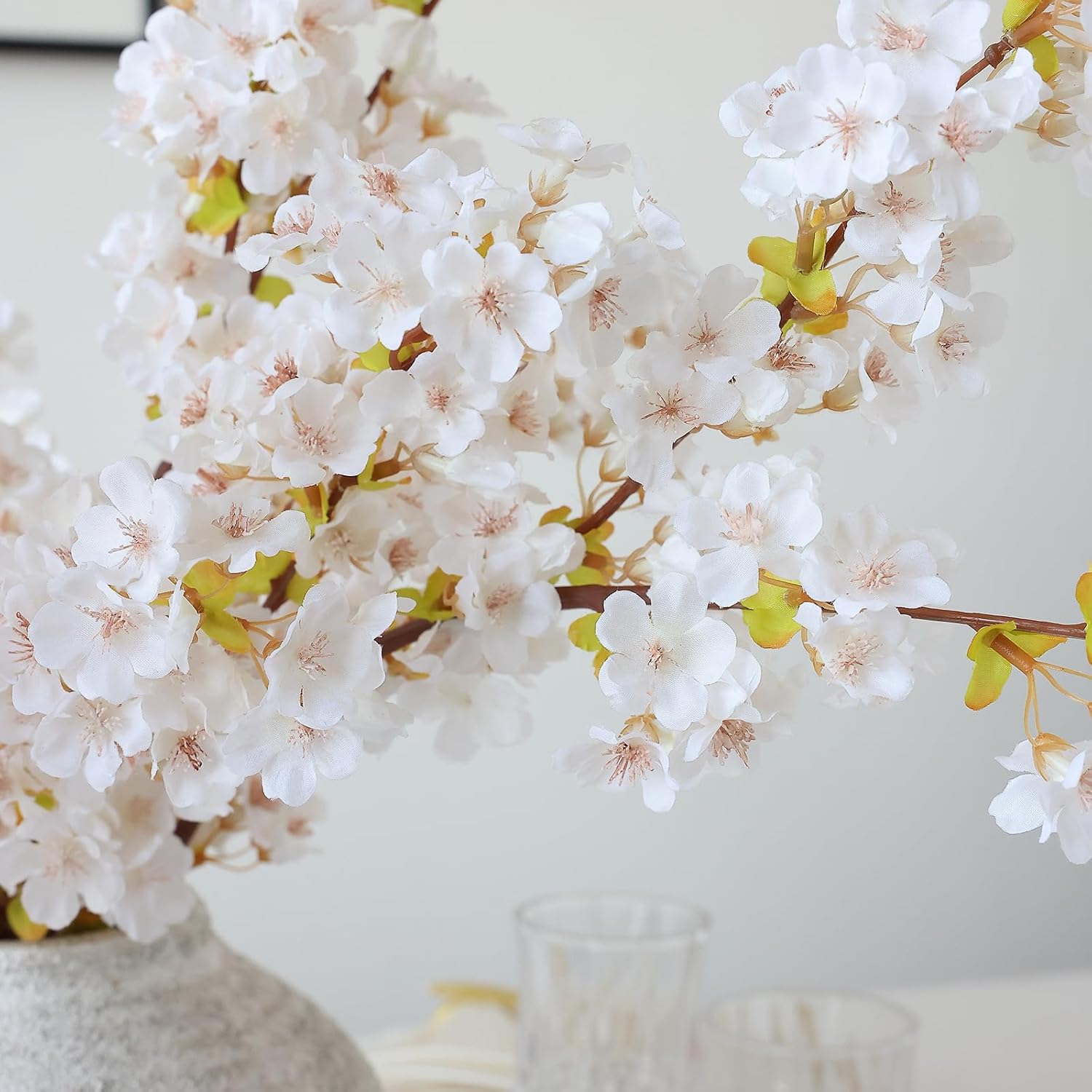 3Pcs Artificial White Cherry Blossom Branches 40" Fake Silk Cherry Blossoms Flowers With Long Stem For Wedding Decorations Table Centerpieces Vase Arrangement Home Decor (White)