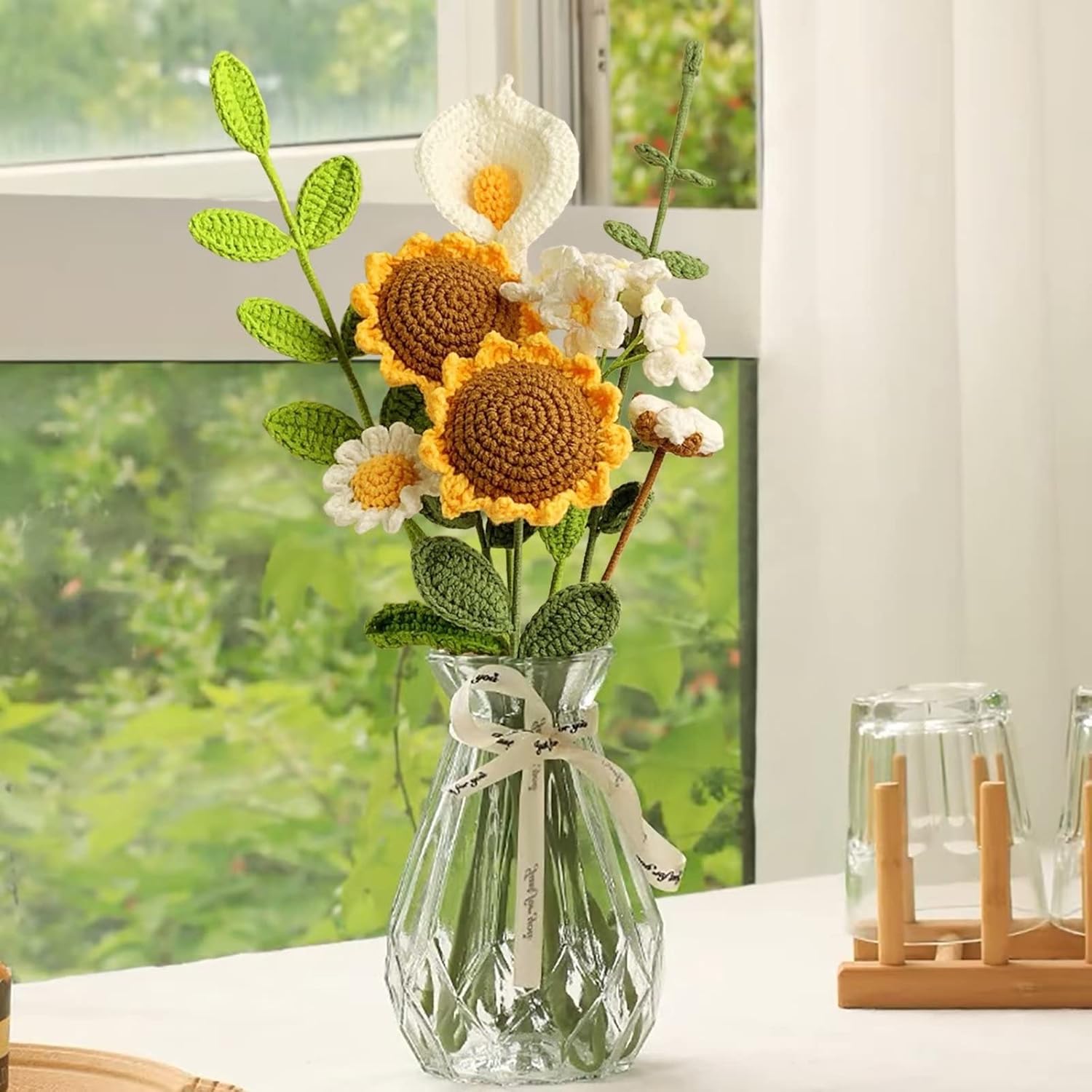 Crochet Flower Bouquet, Handmade Artificial Sunflowers Bouquet Knitted Flowers Crochet Sunflower Decor For Home Kitchen Wedding Party Office Decor