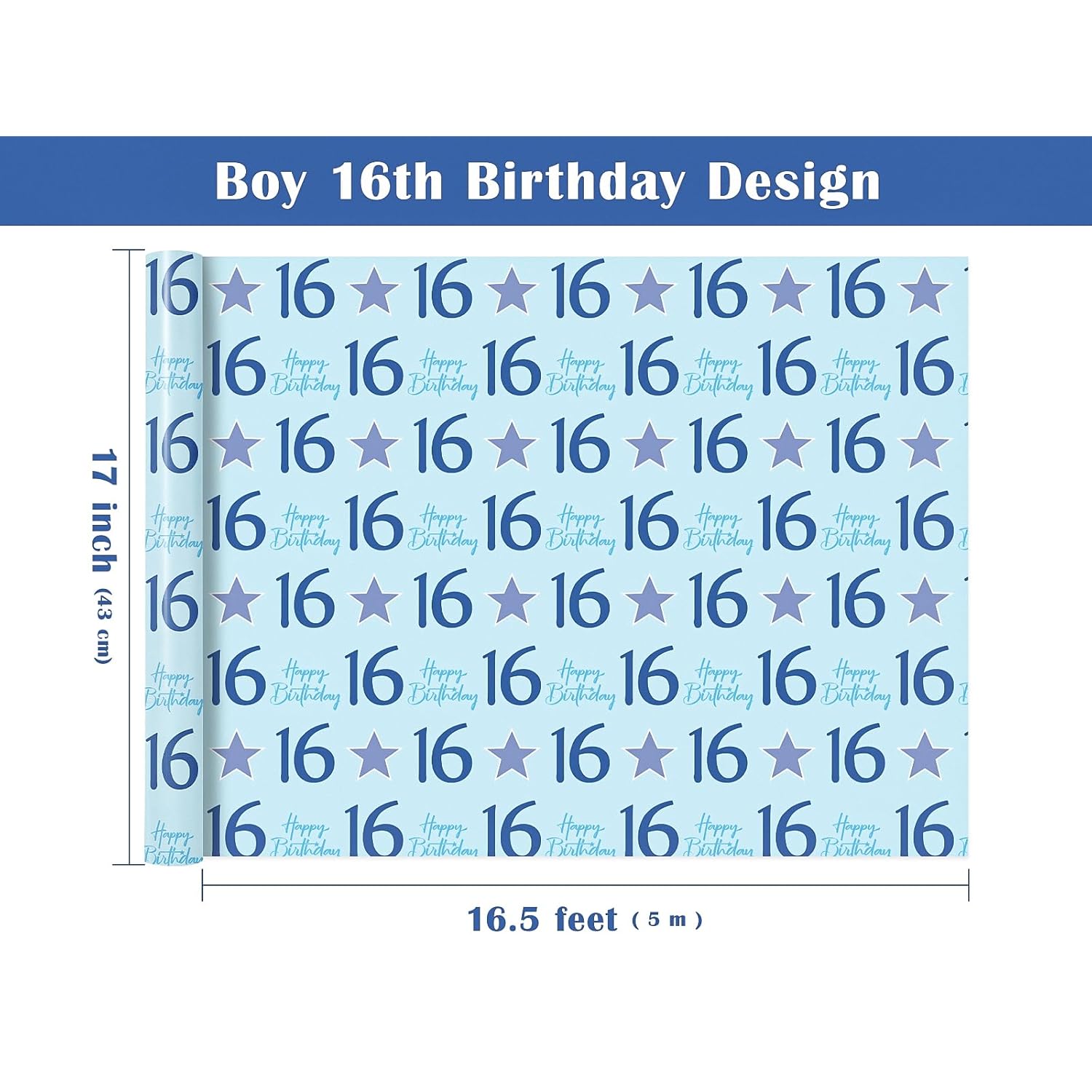Boy 16Th Birthday Wrapping Paper - Mini Roll - 17 Inch X 16.5 Feet - Teen Boy Blue Stars With 16 Happy Birthday Design Perfect For Party, Holiday