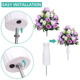 Artificial Cemetery Flowers,Set Of 2 Grave Decorations Roses, Tombstone Memorial Bouquet With Vase For Grave Arrangementss (2, White & Purple)