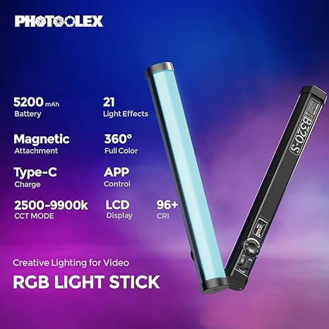 RGB Tube Light 5200mAh Magnetic Handheld LED Video Light Wand 2500K 9900K for Studio Vlog