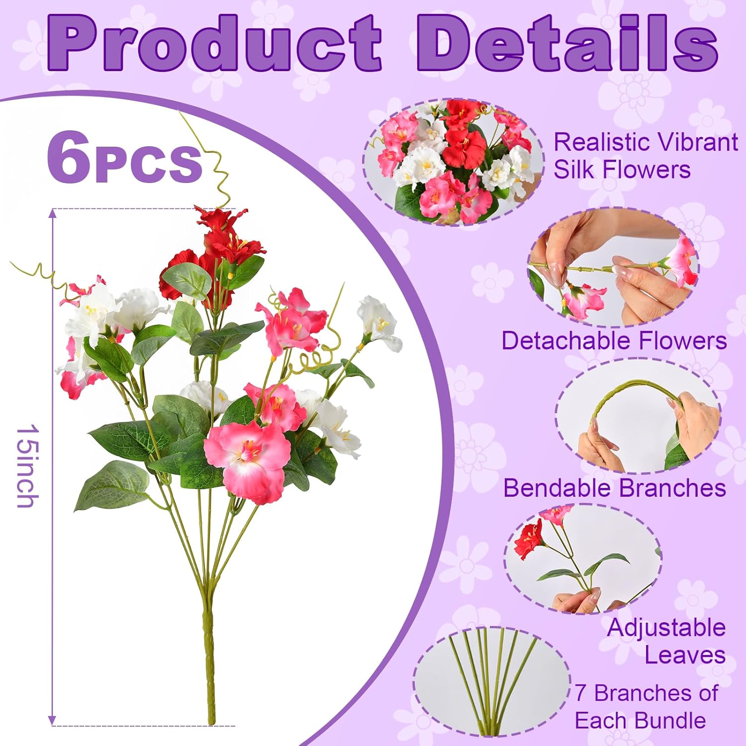 6 Pack Artificial Flowers For Outdoors Uv Protected Silk Flowers For Outside, Faux Hibiscus Tropical Flowers Artificial Faux Plants For Outside Planter Front Porch Garden Patio Yard Home Decor