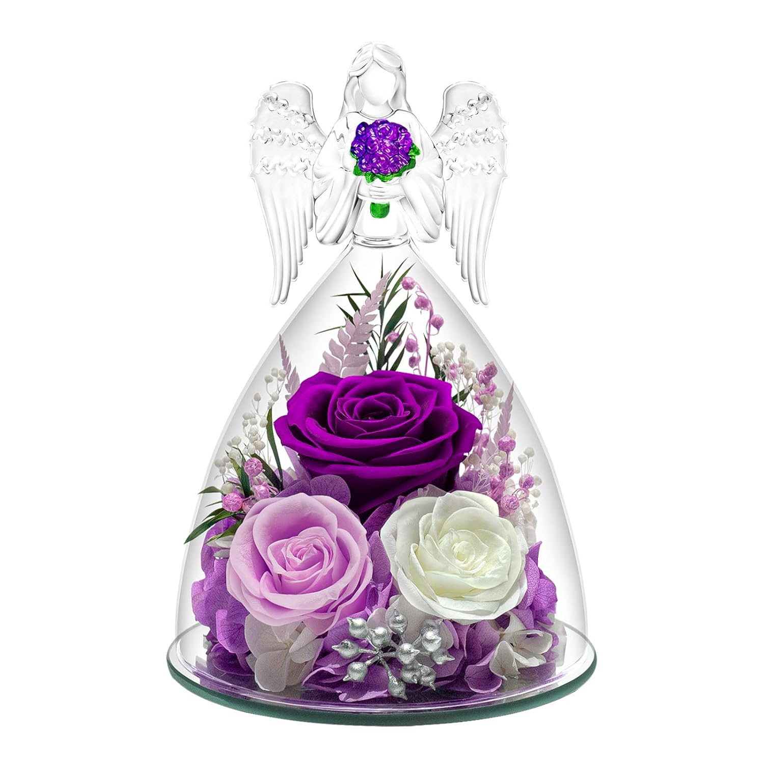 Preserved Roses In Glass Angle Figurines - Forever Flowers Gift For Women - Birthday, Valentine'S Day, Eternal Roses For Grandma, Daughter,Girlfriend,Flowers For Delivery(Purple)