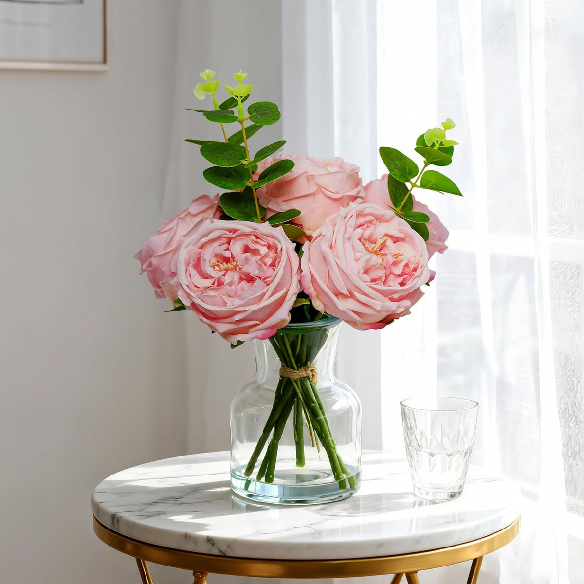 Peonies Artificial Flowers Indoor Faux Roses In Vase Real Touch Silk Flowers With Faux Water In Glass Vase Arrangement For Home Decor Office Bathroom Dining Table&Coffeetable Centerpiece