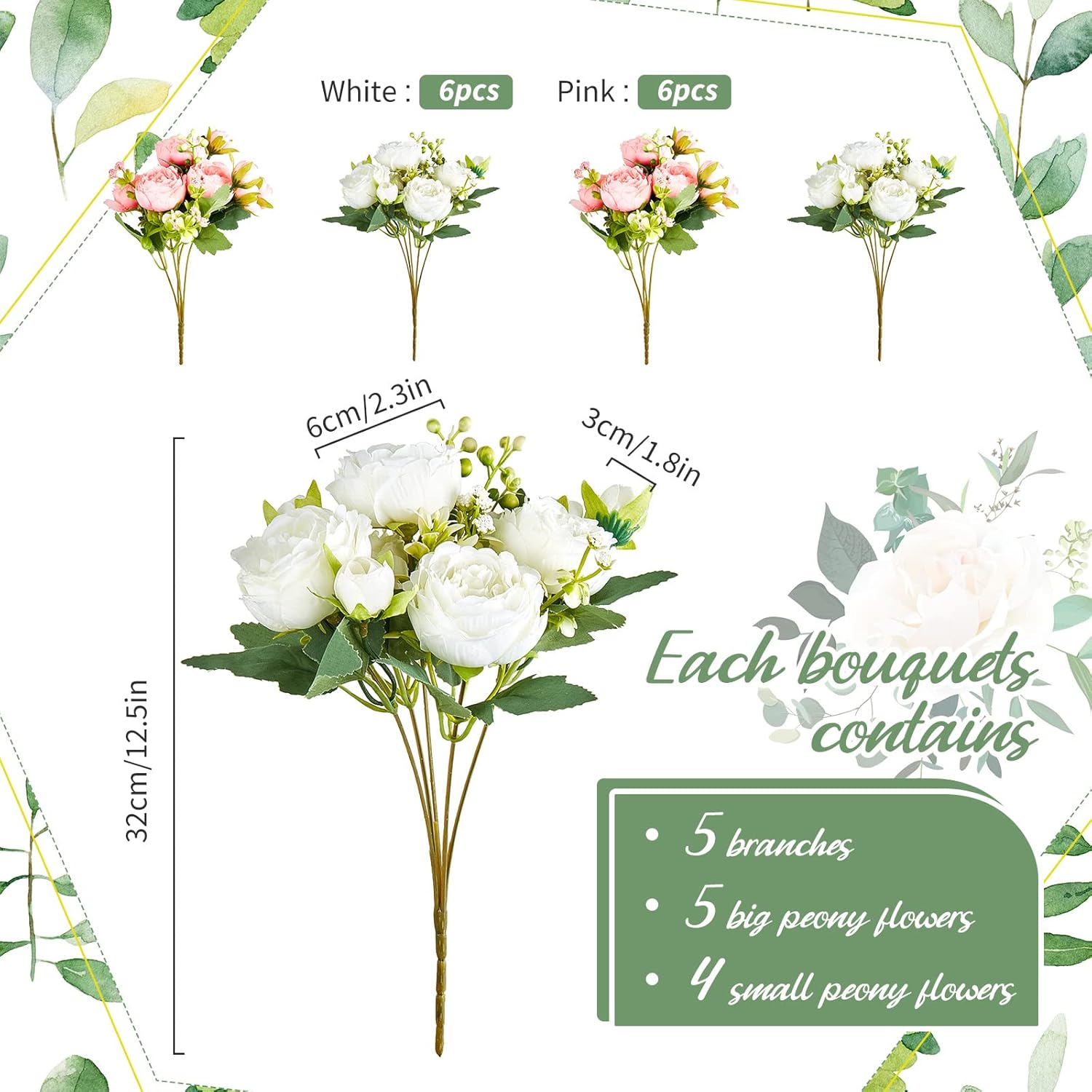 12 Bundles Silk Artificial Peonies Flowers Faux Peony Bouquet Fake Peonies Artificial Flowers Bouquets For Vase Floral Arrangements Wedding Home Table Decoration (White,Pink)