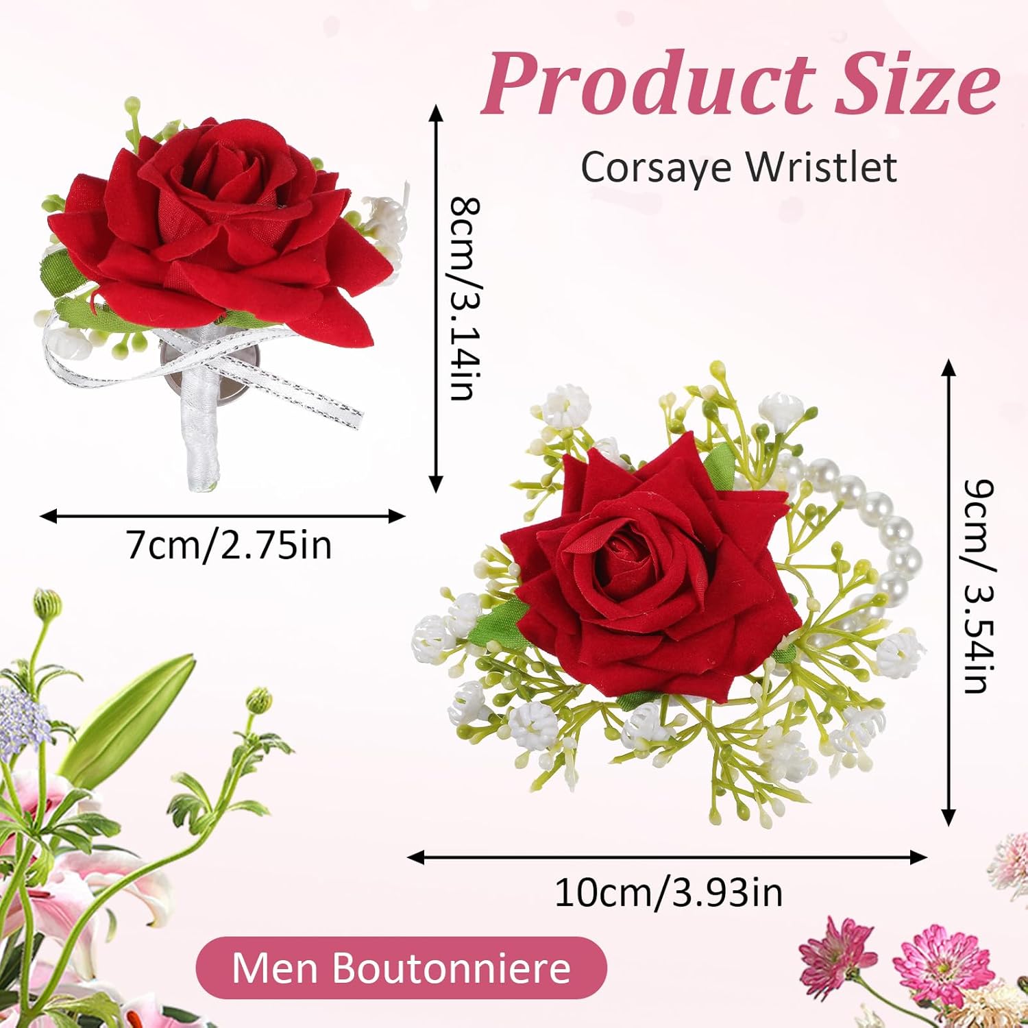 2Pcs Artificial Red Rose Boutonniere And Corsage Set Corsage Wristlet Band For Prom Decor Wedding Party Flower Accessories
