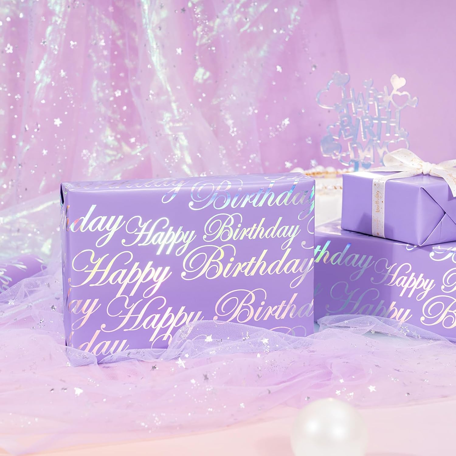 30 Inch Reversible Birthday Wrapping Paper - 30 Inch X 33 Feet - Puprle And Silver Foil Happy Birthday Wrapping Paper For Girls, Women, Kids, Baby Shower