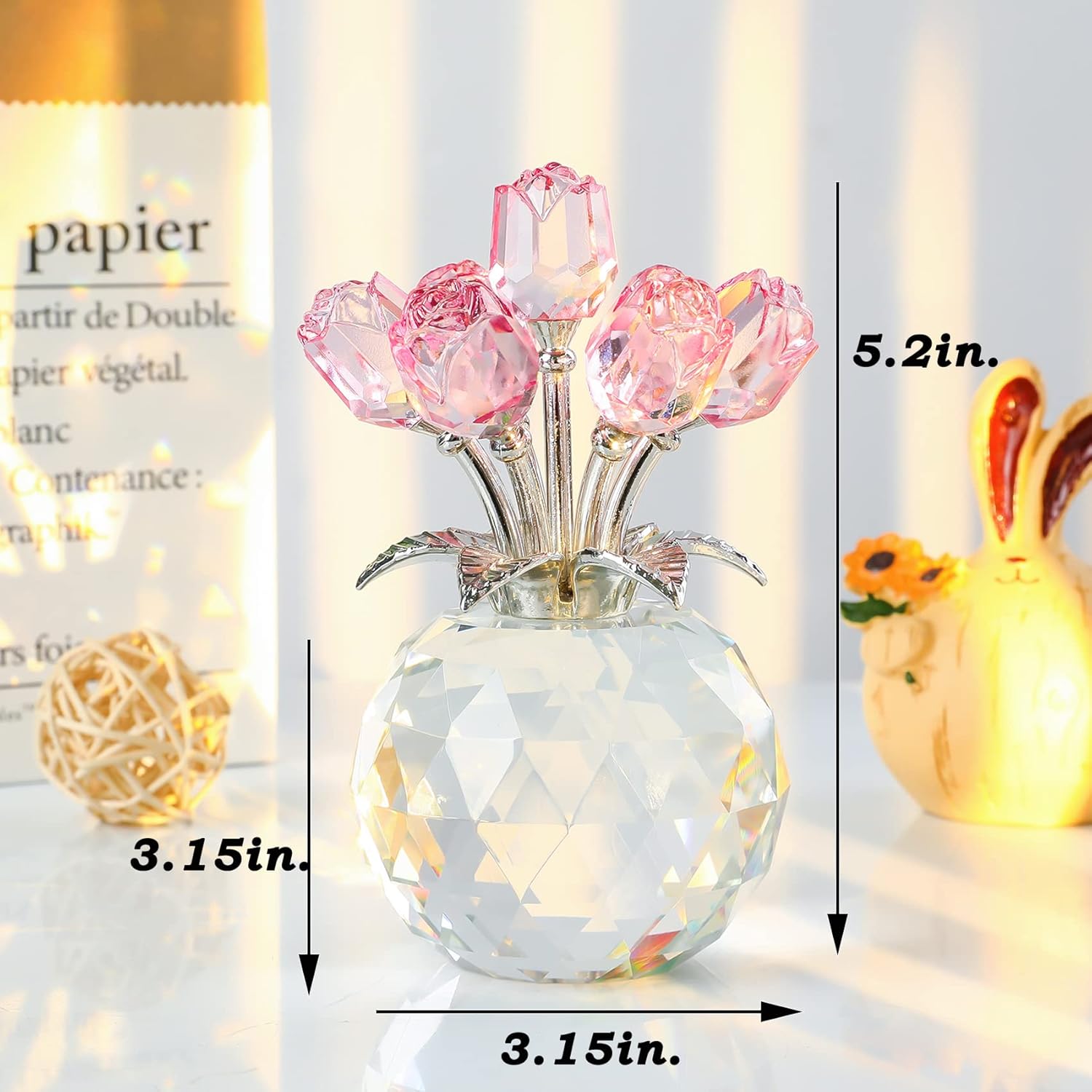 Handmade Crystal Pink Rose Flower Figurine With Round Vase, Rose Gifts For Girlfriend Wife Sister, Romantic Gifts For Mom On Mother'S Day Birthday Anniversary, Wedding Home Decorations