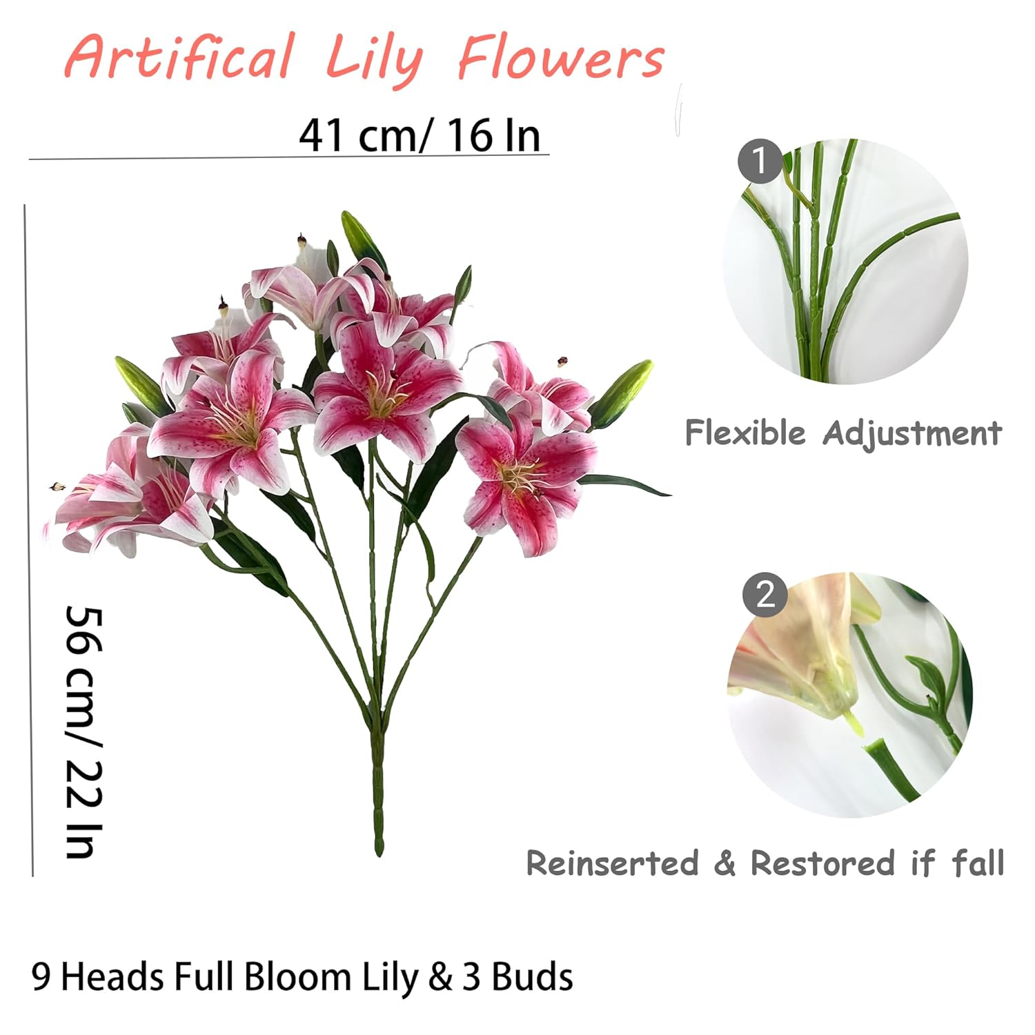 12 Artifical Lily Flowers With 9 Heads Full Bloom Lily & 3 Buds, Long Stem Artificial Stargazer Lilies, Faux Tiger Bouquets For Home Hotel Office Party Decor Table Centerpieces?Dark Pink