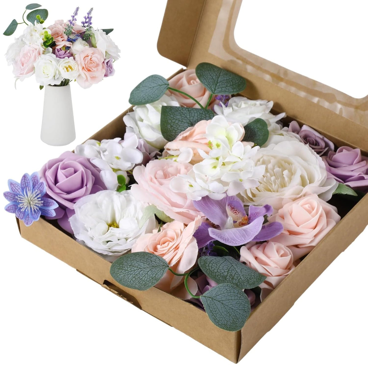 Purple Pink Artificial Flowers Combo Box, Silk Floral Wedding Bouquets Rose With Stem For Diy Wedding Arrangement Bridal Baby Shower Flower Vase Centerpiece Cake Decor