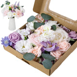 Purple Pink Artificial Flowers Combo Box, Silk Floral Wedding Bouquets Rose With Stem For Diy Wedding Arrangement Bridal Baby Shower Flower Vase Centerpiece Cake Decor