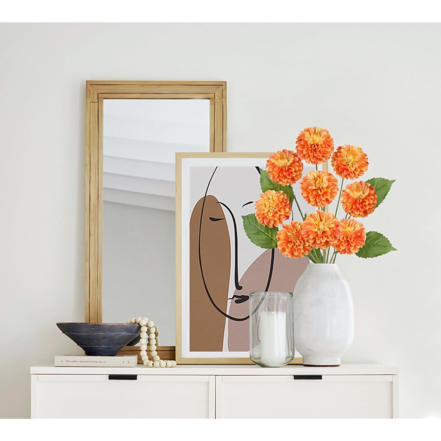 27.6" Orange Artificial Dahlia Flowers 3Pcs Fake Roses Bouquet Ball Dahlia Flower Arrangement Faux Pincushion Flower With 3 Heads Long Stem For Centerpiece Home Decor