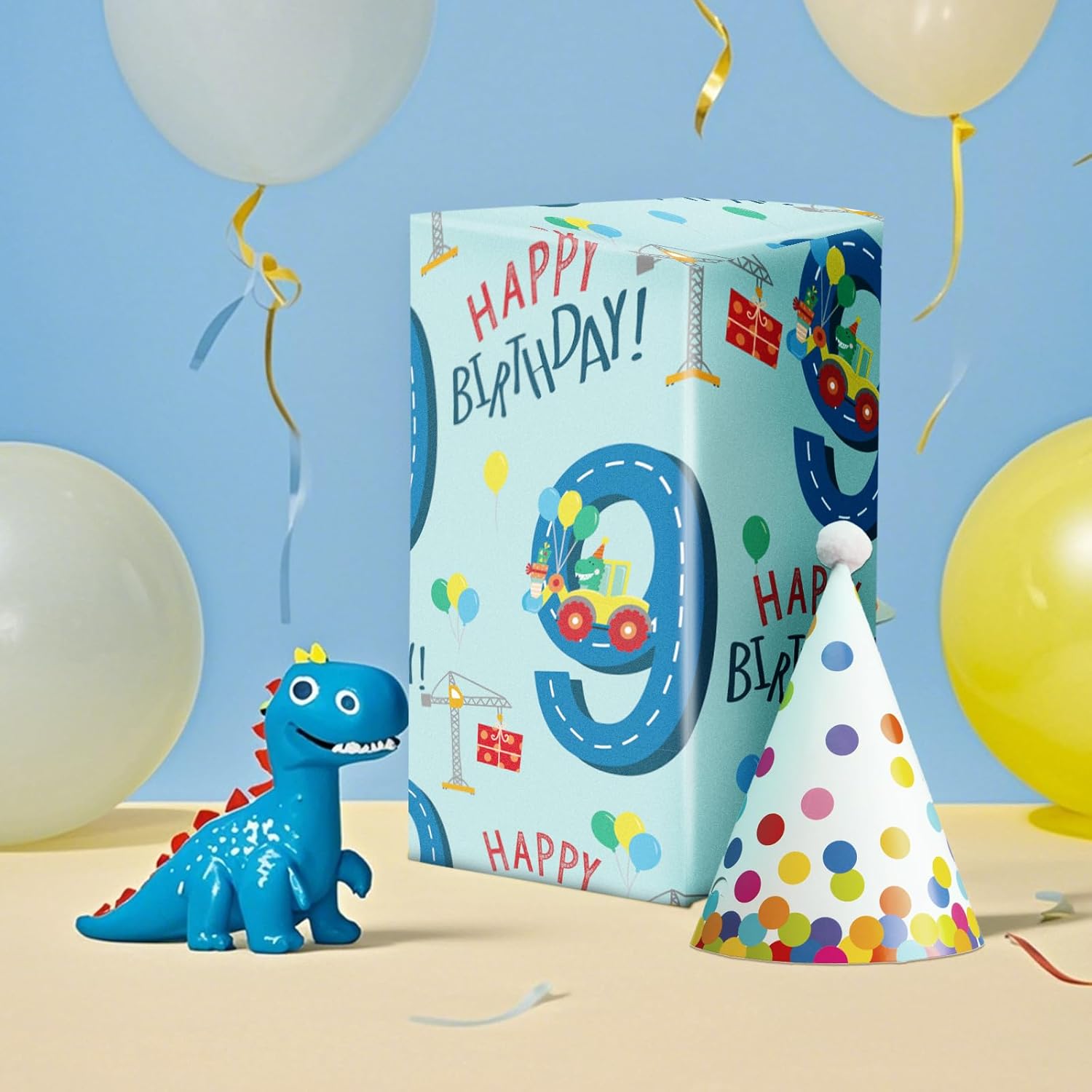 Birthday Wrapping Paper For Boy - Mini Roll - Dinosaur Truck Happy Birthday Design For Boys' Birthday Party And More - 17 Inches X 16.4 Feet - 9 Year Old