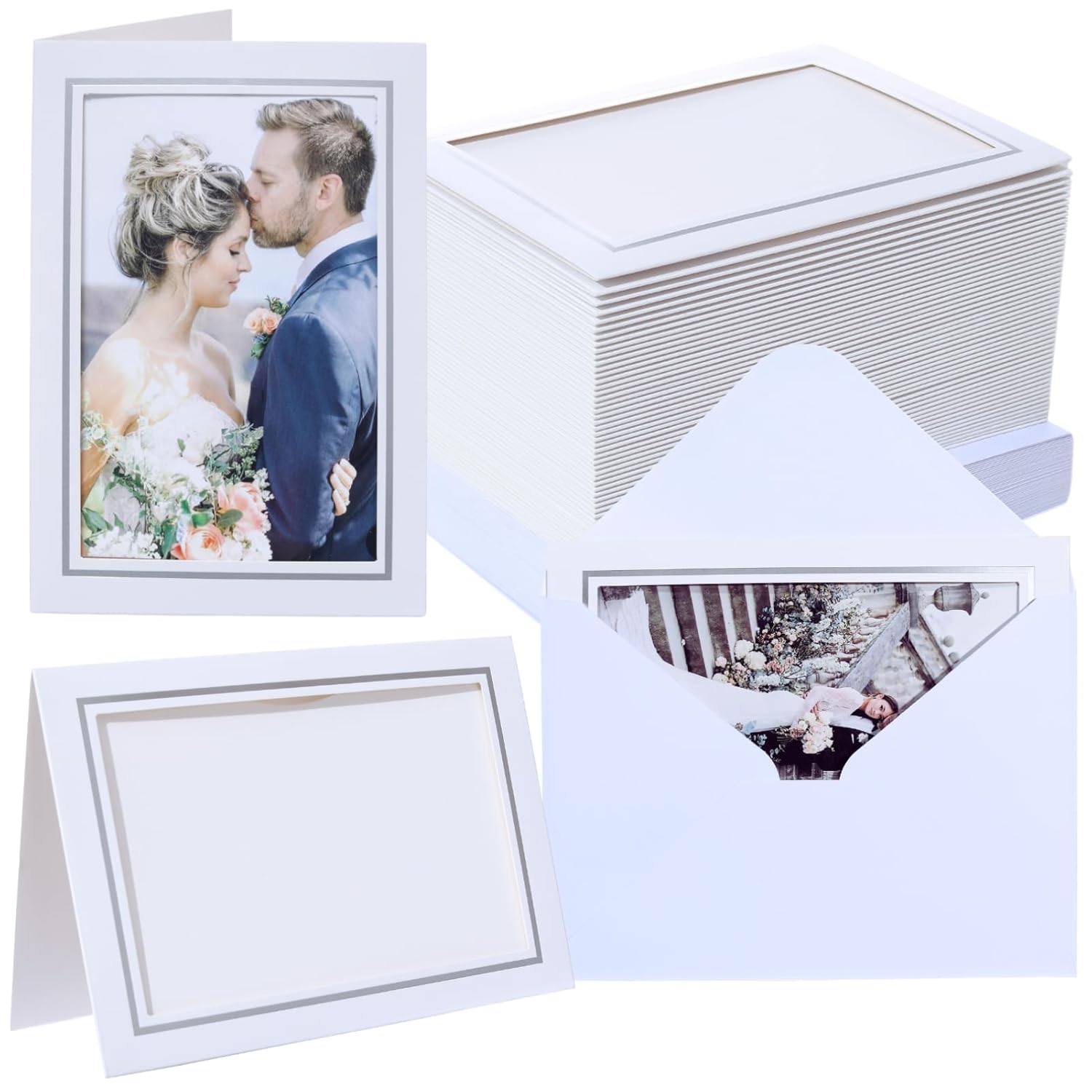 50 Count Photo Frame Cards With Envelopes 4X6 Paper Picture Frame Notecards Photo Card Holder And Envelopes Set For Christmas Greeting New Year Wedding Birthday Classroom Diy - White With Silver Lining