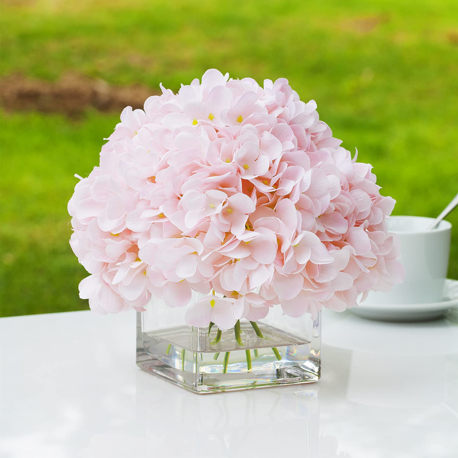 Enova Floral Artificial Flowers Silk Hydrangea Fake Flowers Arrangement in Cube Glass Vase with Faux Water for Home Office Wedding Party Event(Pink)