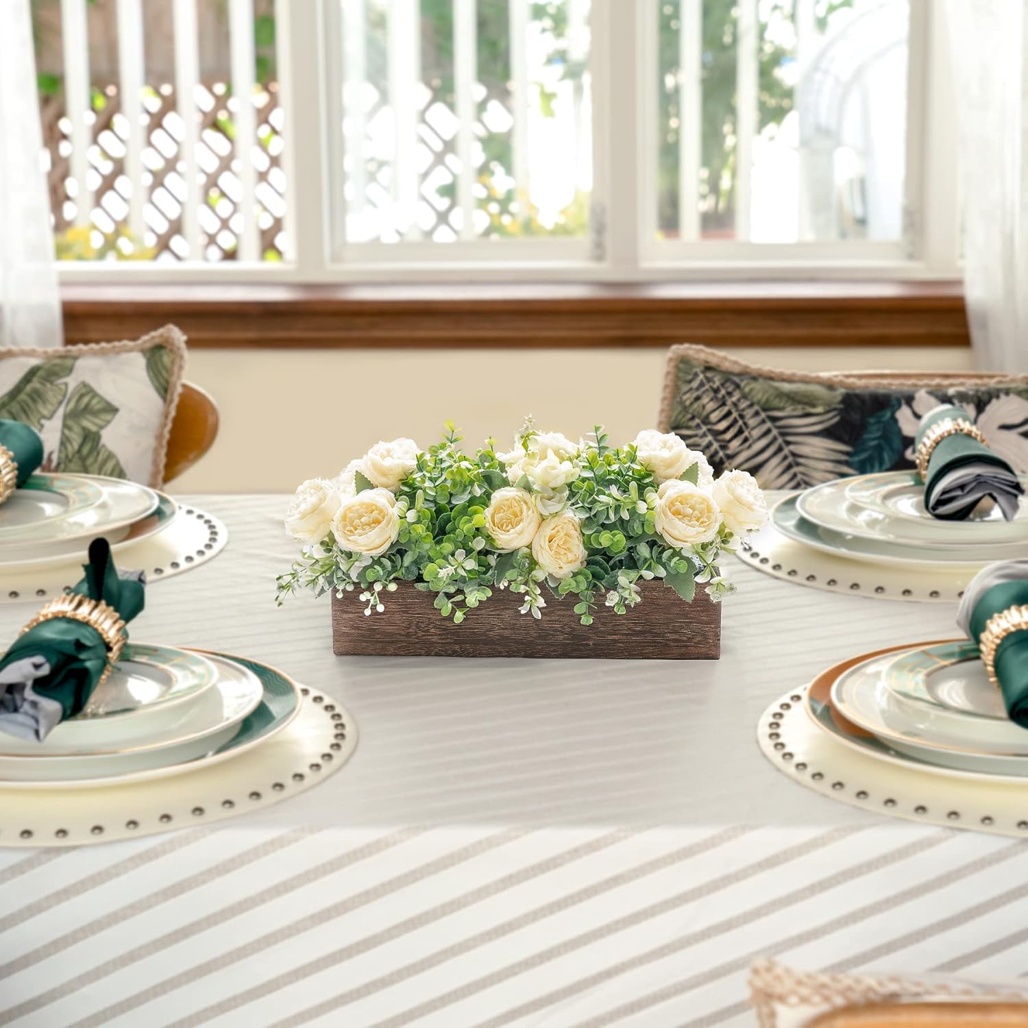 Centerpiece Table Decorations For Dining Room Farmhouse Table Centerpieces Decor Wood Tray With 3 Artificial Flowers And 2 Eucalyptus For Living Room Kitchen Table, 14.1" X 4.7" X 3.1"