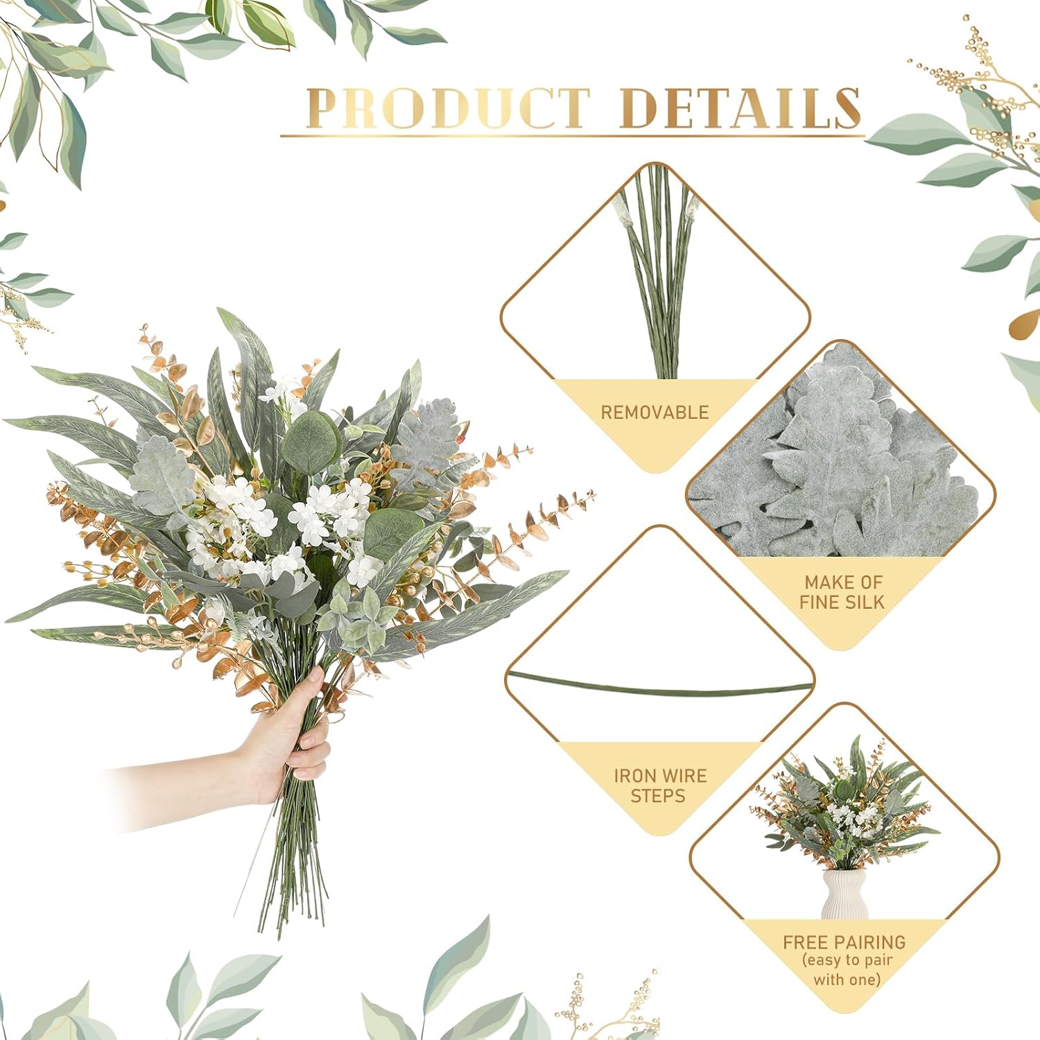 125 Pcs Artificial Greenery Stems Box Set With 11 Kinds Of Faux Greenery Stems And Golden Leaves White Flowers Eucalyptus For Diy Bridal Bouquets Arrangement Wedding Home Decor